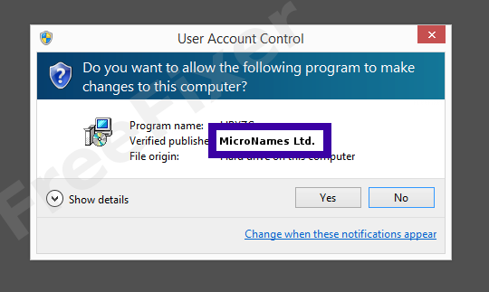 Screenshot where MicroNames Ltd. appears as the verified publisher in the UAC dialog